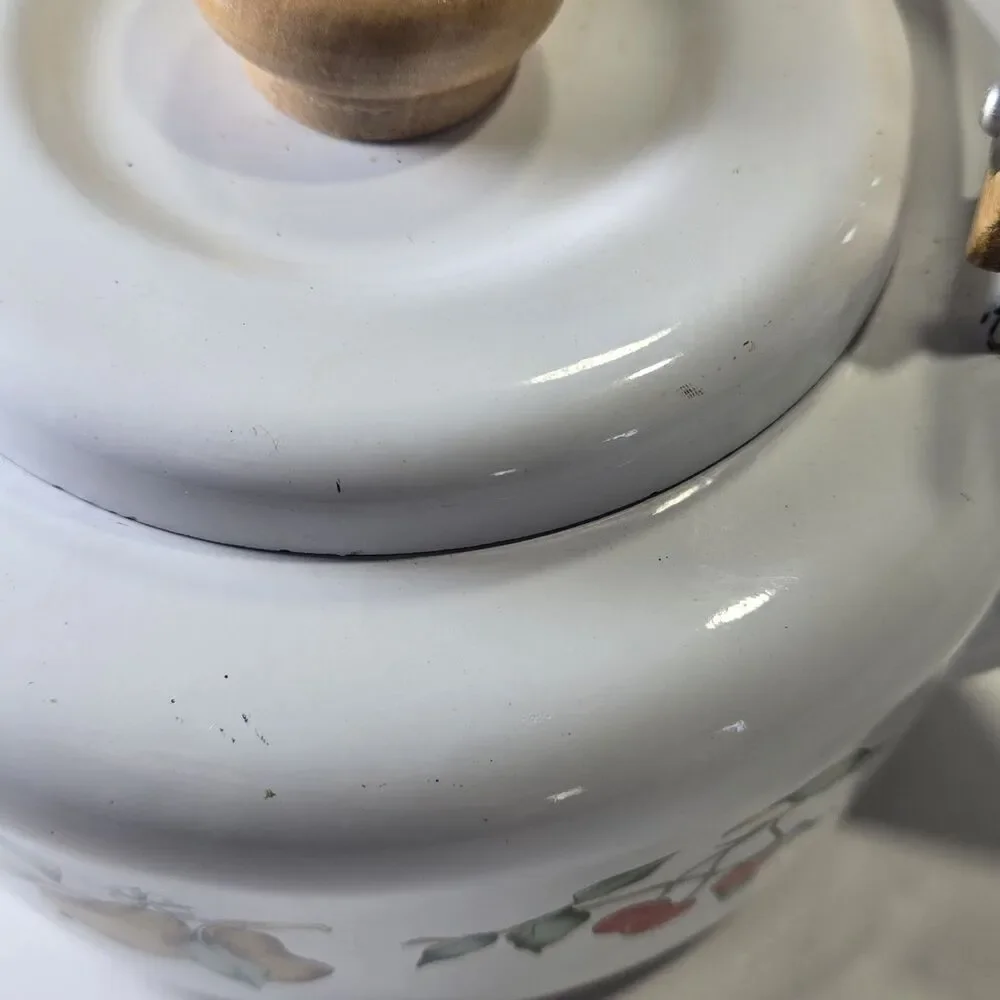 Vtg Tabletops Unlimited DULCIE Enamel Tea Kettle Fruit Pattern Wood Handle 2.3qt